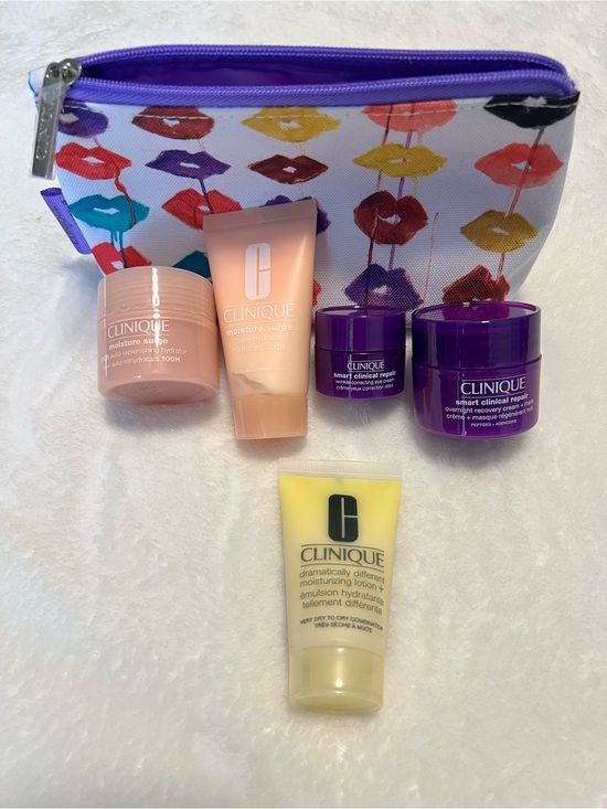 Clinique Other - Clinique Mini Skincare Set with Purple Lip-Print Cosmetic Bag